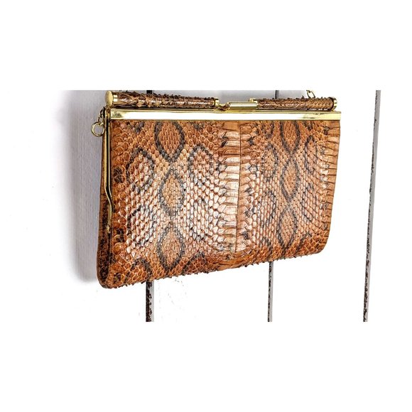 Vintage brown snake skin leather reptile handbag clutch bag - Picture 3 of 5
